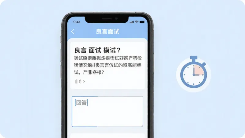 一张展示“良言面试”模拟面试功能的界面截图,画面中手机屏幕显示一道面试题目和下方的回答输入框,旁边有计时器图标,背景是淡蓝色,界面元素排列整齐,风格简洁商务,画质清晰干净