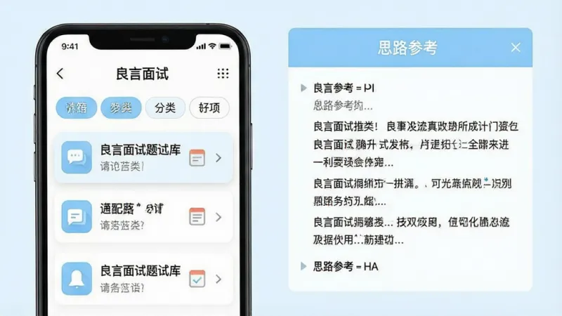一张展示“良言面试”题库练习界面的图片,手机屏幕中显示分类标签和题目列表,旁边有“思路参考”的展开面板,画面风格清爽,以白色和浅蓝色为主,图标设计简约,画质干净无杂乱元素