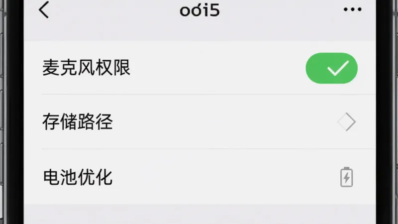 手机屏幕截图风格,展示octic应用的设置页面,页面上有“麦克风权限”“存储路径”“电池优化”等选项,其中麦克风权限一栏用绿色对勾标记已开启。画面以浅色界面为主,文字清晰可读,布局规整,风格简洁现代,画质干净。