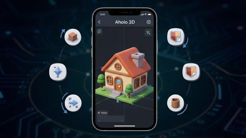 Aholo 3D软件核心全貌展示图，画面中央是打开的手机界面显示Aholo 3D的3D建模工作区，工作区内有一个正在编辑的卡通风格小房子模型，周围悬浮着旋转、缩放、材质编辑等工具图标，背景是深色科技感渐变，主体突出，布局居中对称，排版简洁清晰，风格现代扁平化，细节圆润干净，画质高清无多余元素