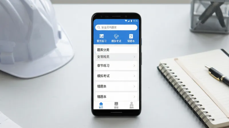 一张手机应用界面展示图，画面中央是一部竖屏安卓手机，手机屏幕上显示“安全员鸣题库”APP的首页，顶部有搜索框和“章节练习”“模拟考试”“错题本”三个功能入口，中间是题库分类列表，底部为“首页”“题库”“我的”三个导航标签，整体配色以蓝白为主，风格简洁清爽，背景为浅灰色工作台桌面，桌上放着安全帽和笔记本，画质清晰干净，无多余元素