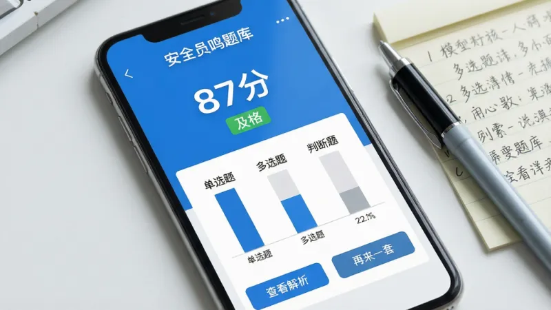 一张手机屏幕特写图，屏幕中央显示“安全员鸣题库”的模拟考试结果页面，上方是大字号的分数“87分”和“及格”标签，下方是题型得分柱状图，包括“单选题”“多选题”“判断题”三个维度，页面底部有“查看解析”和“再来一套”两个按钮，手机旁边放着一支笔和一张写满笔记的便签纸，整体色调为蓝白配浅灰，风格干净利落，画质清晰无杂乱元素