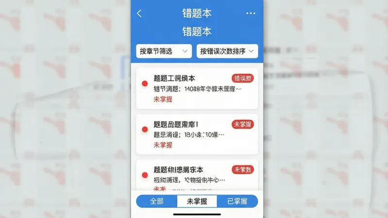一张手机应用界面截图风格示意图，画面展示“安全员鸣题库”的错题本页面，顶部标题写着“错题本”，下方有“按章节筛选”和“按错误次数排序”两个下拉菜单，中间是错题卡片列表，每张卡片显示题目摘要和错误次数标签，卡片左侧有红色圆点标记未掌握状态，底部为“全部”“未掌握”“已掌握”三个切换标签，整体布局清晰，配色为白底蓝字配红色点缀，风格现代扁平，画质干净无多余装饰
