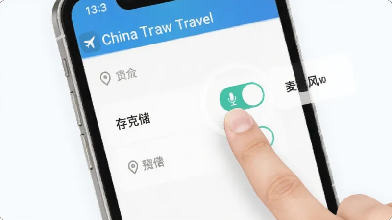 一张展示手机应用权限设置界面的示意图,画面中手指正在点击“麦克风”权限开关,界面背景是“China Travel”应用的设置页面,旁边有定位和存储权限选项,风格简洁直观,配色清爽,画质干净,突出操作指引感