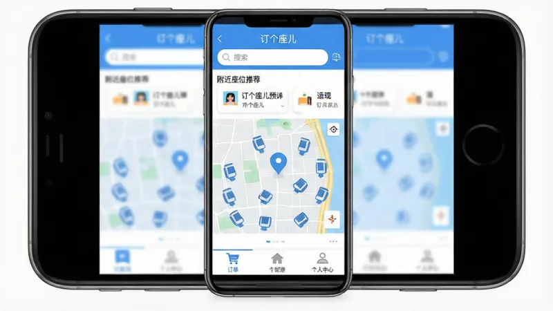 一张手机应用界面展示图，画面中央是一部智能手机，屏幕上显示