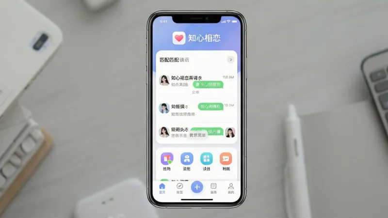 一张展示“知心相恋”App整体界面的手机屏幕截图,主体为手机正面,布局居中,上方显示软件名称“知心相恋”和简洁的Logo,中间展示匹配聊天列表和功能图标,下方为底部导航栏,风格清新现代,细节圆润,画质干净清晰,无多余元素