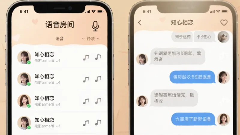 一张展示“知心相恋”语音互动功能的界面截图,主体为手机屏幕,布局为语音房间列表和聊天窗口,风格温暖柔和,细节包括麦克风图标和用户头像,画质干净,无多余元素