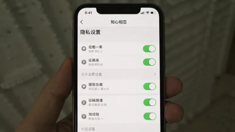 一张展示“知心相恋”隐私设置页面的手机截图,主体为手机屏幕,布局为设置选项列表,风格简洁清爽,细节包括开关按钮和权限图标,画质干净,无多余元素