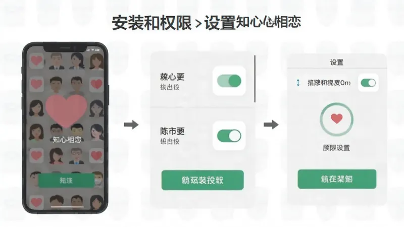 一张展示“知心相恋”安装和权限设置步骤的示意图,主体为手机屏幕和设置图标,布局分步骤排列,风格扁平化信息图,细节包括权限开关和安装按钮,画质干净,无多余元素