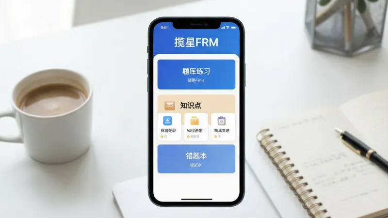 一张展示揽星FRM软件核心全貌的图片，画面中央是手机屏幕显示App主界面，顶部有“揽星FRM”文字标识，界面布局包含题库练习、知识点卡片、错题本三个主要功能入口，背景是简约的书桌场景，旁边放着一杯咖啡和笔记本，风格清新明亮，画质干净清晰，无多余元素