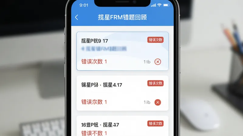 揽星FRM软件界面截图风格图片，画面展示手机屏幕上的错题本页面，标题写着“揽星FRM错题回顾”，列表中有几道题目卡片，每张卡片显示题目编号和错误次数标签，界面配色以蓝白为主，布局清晰，风格现代扁平，画质干净无多余元素