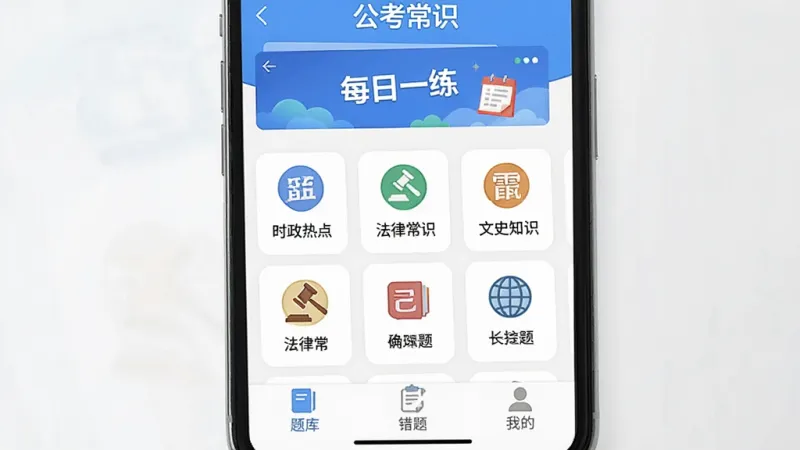 手机屏幕中央显示“公考常识”APP主界面，顶部是“每日一练”横幅，中间是分类题库卡片，包括“时政热点”“法律常识”“文史知识”等图标，底部是“题库”“错题”“我的”三个标签，整体布局简洁，蓝白色调，扁平化设计，画质干净清晰，无多余装饰元素