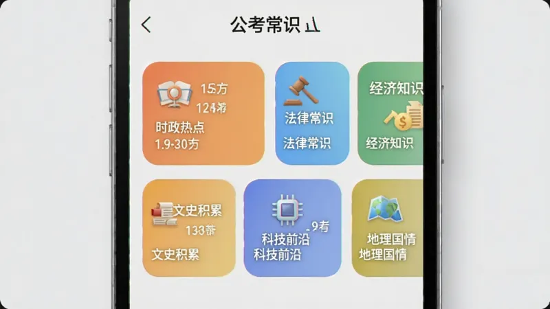 手机界面展示“公考常识”的分类题库页面，屏幕中央是六个彩色分类卡片，分别标注“时政热点”“法律常识”“经济知识”“文史积累”“科技前沿”“地理国情”，每个卡片上有小图标和题目数量，背景为浅灰色，卡片圆角设计，风格清新简洁，画质干净