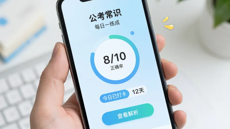 手机屏幕显示“公考常识”的每日一练完成页面，中央是圆形进度条显示“8/10”正确率，下方有“今日已打卡”标签和连续打卡天数“12天”，底部是“查看解析”按钮，背景淡蓝色渐变，风格轻松活泼，画质干净