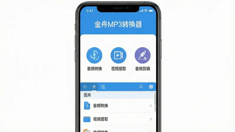 一张展示金舟MP3转换器主界面的手机应用截图,画面中央是简洁的蓝白色调界面,顶部显示“金舟MP3转换器”字样,中间排列着“音频转换”“视频提取”“音频剪辑”三个功能入口图标,底部是文件列表区域,整体布局清爽,风格现代扁平,画质干净无多余元素