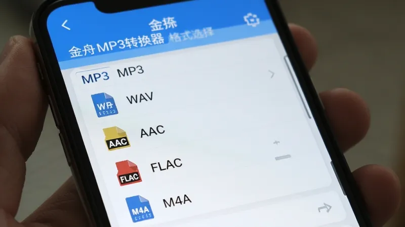 一张展示金舟MP3转换器格式选择界面的手机截图,画面中列出MP3、WAV、AAC、FLAC、M4A等多个音频格式选项,每个选项旁边配有对应的格式图标,界面以蓝白配色为主,布局清晰,风格简洁现代,画质干净