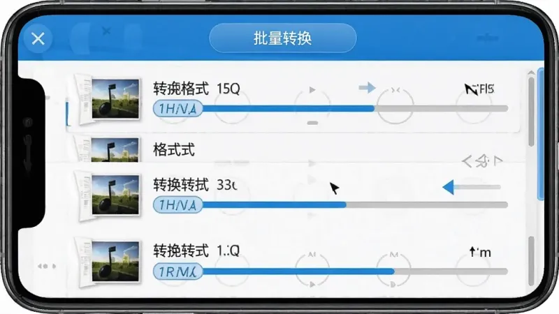 一张展示金舟MP3转换器批量转换界面的手机截图,画面中显示多个音频文件列表,每个文件旁有格式标签和转换进度条,顶部有“批量转换”按钮,界面以蓝色为主色调,布局规整,风格干净利落