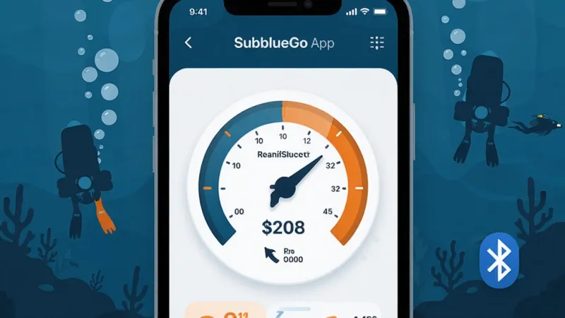一张展示SublueGo App核心界面的手机屏幕渲染图,屏幕中央显示水下推进器连接状态和实时速度仪表盘,周围环绕潜水场景元素如气泡、水下推进器产品剪影和蓝牙连接图标,整体色调为深海蓝与亮橙色点缀,界面排版干净清爽,风格为现代扁平化设计,细节圆润,画质清晰干净无多余元素