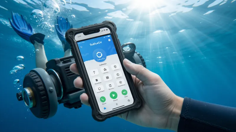 SublueGo App使用场景示意图,一个人在水下使用水下推进器,手中防水壳内的手机屏幕显示SublueGo控制界面,周围有气泡和阳光折射效果,画面风格写实明亮,构图突出人机交互细节,画质清晰干净无多余元素