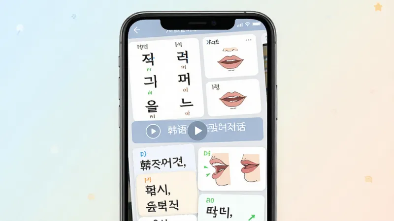 一张展示韩语发音词汇会话App核心界面的生图,画面主体是手机屏幕,屏幕内呈现韩语字母表与发音口型示意图,布局分上下两部分,上方为韩语四十音字母网格,下方为常用词汇卡片和会话短句列表,风格清新扁平化,细节包含播放按钮图标和口型侧面图,画质干净清晰,无多余元素,背景为浅色渐变,图片中文字包含“韩语发音词汇会话