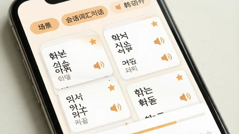 一张展示韩语发音词汇会话词汇记忆功能的生图,画面主体为手机屏幕,屏幕内呈现分类词汇卡片列表,布局为顶部场景分类标签栏,下方为单词卡片堆叠排列,每张卡片包含韩语单词、中文释义和喇叭图标,风格温暖简约,细节包含生词本收藏星标和进度条,画质干净明亮,无多余元素,图片中文字包含“韩语发音词汇会话