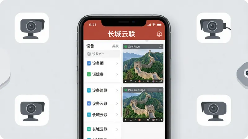 一张展示长城云联软件界面的手机样机图,画面中央是手机屏幕显示着长城云联APP的设备列表和实时监控画面,屏幕上方有“长城云联”文字标识,背景是简洁的浅灰色桌面,周围散落着几个小型摄像头图标作为装饰元素,整体风格现代扁平,细节干净,画质清晰,无多余元素