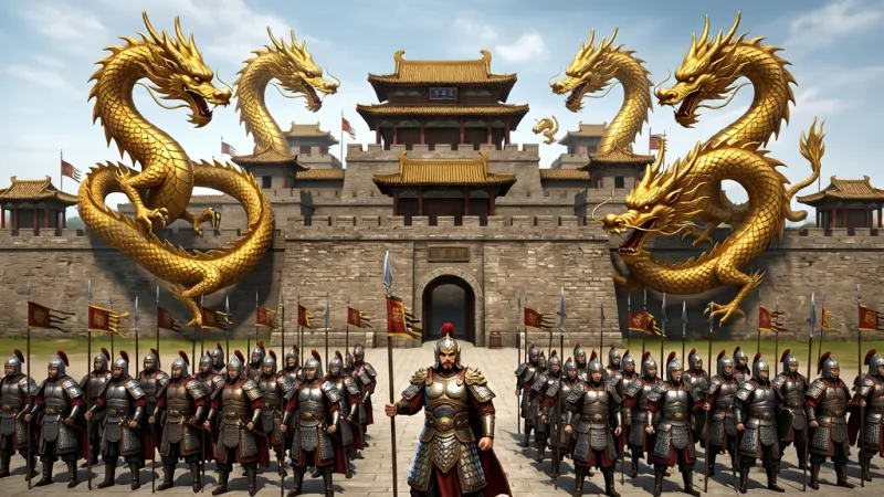 一张展现六龙争霸游戏全貌的宣传图,主体为古代三国风格的主城场景,画面中央是巍峨的城池建筑与六条盘旋的金色龙形图腾环绕,城池前方排列着身披铠甲的武将和士兵方阵,布局上城池占据画面上半部分,武将方阵在下半部分形成视觉重心,排版采用游戏登录界面的经典构图,风格为写实国风CG渲染,细节上突出龙鳞纹理、城墙砖石质感和武将盔甲金属光泽,画质高清干净,无多余杂乱元素