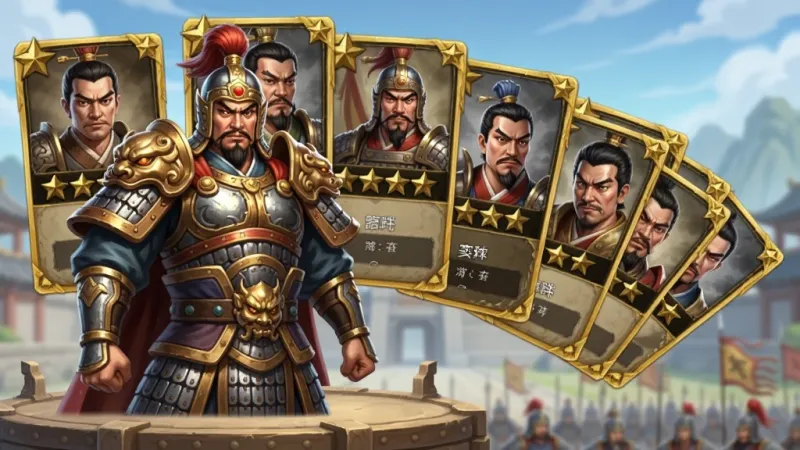 六龙争霸游戏内的武将招募界面场景,画面主体为一位身披重甲的三国武将站立在点将台上,身后是展开的武将卡牌阵列,每张卡牌上有不同武将的半身像和星级标识,布局上武将居中偏左,卡牌阵列向右延伸呈扇形展开,排版清晰展示卡牌边框和文字标签,风格为写实国风游戏UI,细节上卡牌边缘有金色描边、武将盔甲有高光反射,画质干净明亮,无多余元素
