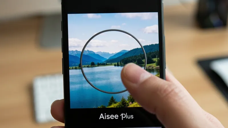 一张手机界面特写展示Aisee plus的双指缩放操作,主体为一只手在手机屏幕上做双指放大手势,布局为图片居中、手势动作清晰可见,排版突出操作演示感,风格为写实产品展示风,细节包括屏幕中的风景图片被放大后纹理清晰、手指轮廓自然、背景为虚化的桌面环境,画质高清干净无多余元素,画面中带文字“Aisee plus”