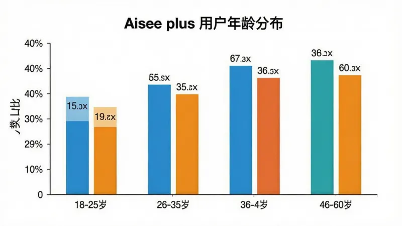 一张柱状图展示Aisee plus用户年龄段分布,主体为四根柱子分别代表18-25岁、26-35岁、36-45岁、46-60岁,布局为横向坐标轴标注年龄段、纵向坐标轴标注人数占比,排版简洁直观,风格为数据可视化图表风格,细节上柱子颜色区分明显、数值标签清晰、背景为白色,画质高清干净无多余元素,画面中带文字“Aisee plus 用户年龄分布”