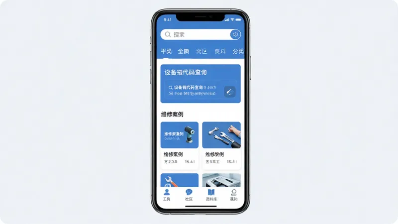 好医工App主界面全貌展示,手机屏幕中央显示医疗设备维修工具平台首页,顶部搜索栏和分类导航清晰可见,中部有设备报错代码查询入口和维修案例卡片,底部为工具、社区、资料库、我的四个选项卡,画面以蓝白色调为主,风格简洁专业,扁平化设计,细节干净,画质清晰无多余元素