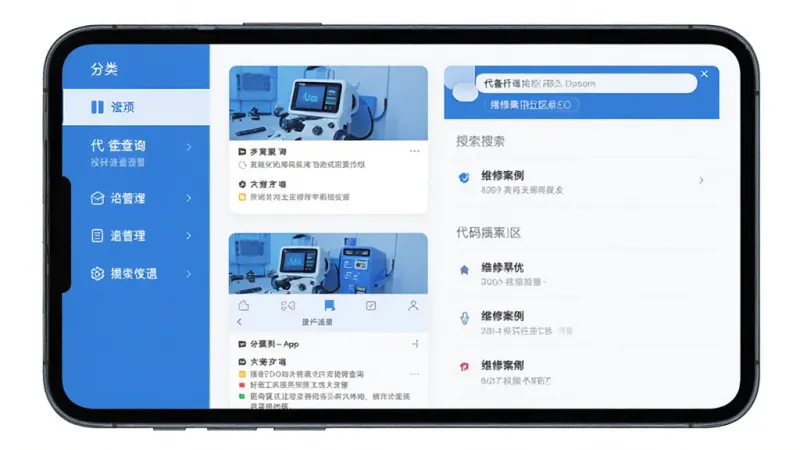 好医工App功能界面展示,手机屏幕中呈现设备报错代码查询页面和维修案例社区列表,左侧显示分类导航栏,右侧为案例卡片和代码搜索结果,界面以蓝白配色为主,风格专业简洁,文字标签清晰,扁平化设计,画质干净无多余元素