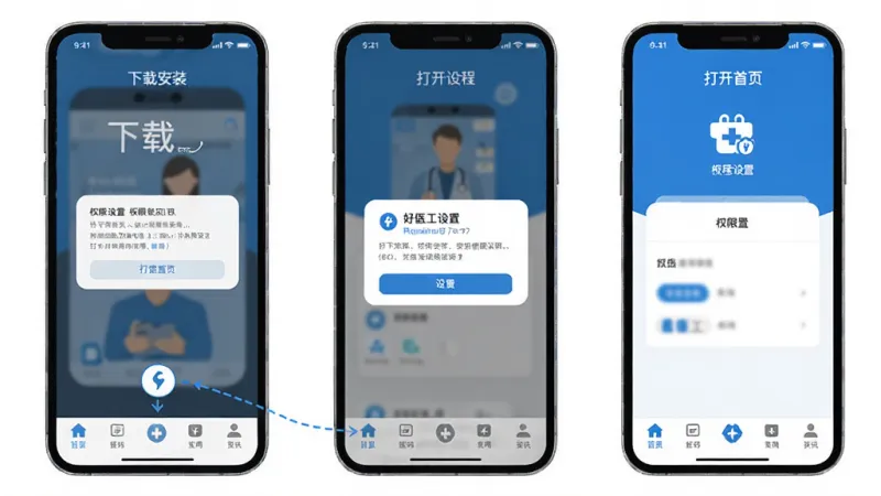 好医工App安装使用流程示意图,手机屏幕展示从下载安装到打开首页的步骤画面,包含权限设置弹窗和底部导航栏标注,画面以蓝白色调为主,风格简洁明了,扁平化设计,细节清晰,画质干净无多余元素