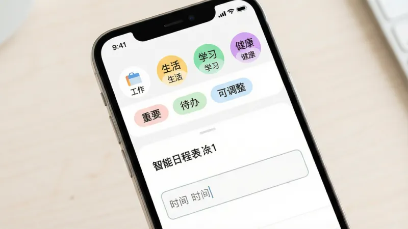 一张展示智能日程表分类与标签功能的界面图,画面中手机屏幕上显示日程编辑页面,上方为彩色分类选择栏,包含工作、生活、学习、健康四个带颜色圆点的选项,下方为标签输入区域,已有重要、待办、可调整三个标签以圆角胶囊样式排列,页面中部是日程标题和时间的填写框,整体布局从上到下层次分明,风格简洁清爽,配色柔和,细节精致,画质干净无多余装饰