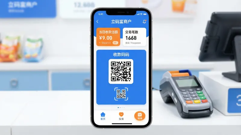 一张手机应用界面展示图,画面中央是一部智能手机,屏幕上显示“立码富商户”App的首页,顶部是当日收款总额和交易笔数卡片,中间区域是醒目的收款码和扫码图标,底部有三个选项卡标签,背景是干净明亮的店铺收银台场景,旁边放着一台小型收款设备,风格现代扁平化,配色以蓝白为主点缀橙色按钮,细节圆润清晰,画质干净无多余元素