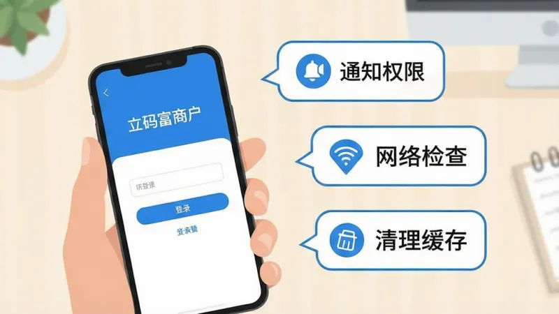 一张手机操作示意图,画面中一只手拿着手机,屏幕上显示“立码富商户”App的登录页面,旁边用简洁的图标标注出“通知权限”“网络检查”“清理缓存”三个提示气泡,背景是浅色桌面环境,风格扁平化教学插图,配色蓝白为主,细节清晰干净,画质明亮无杂乱