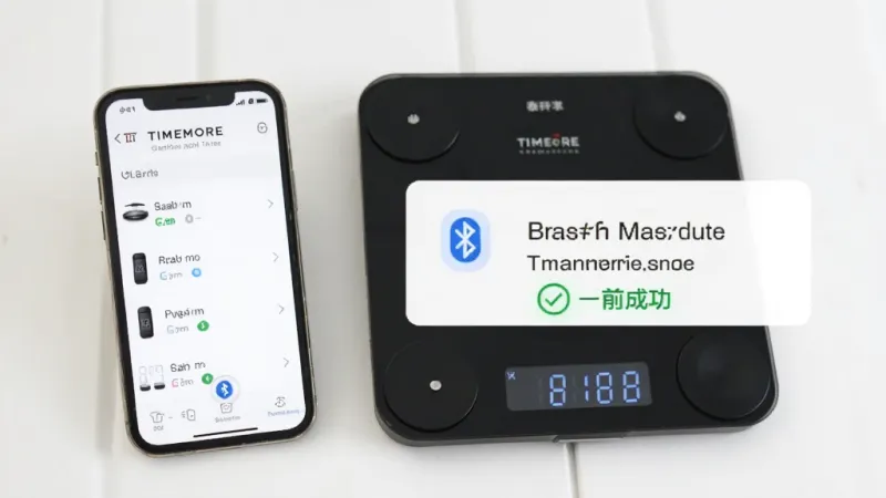 TIMEMORE应用连接电子秤的蓝牙配对界面截图,手机屏幕上显示搜索到的设备列表,旁边放着一台泰摩黑色电子秤,画面干净明亮,突出连接成功的状态提示,画质清晰无杂乱背景