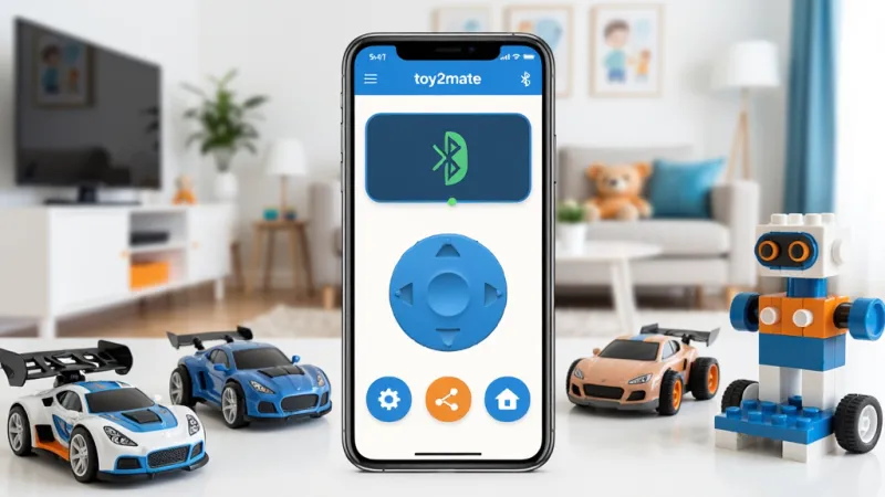 一张展示toy2mate软件核心全貌的场景图,画面中央是一部智能手机屏幕显示toy2mate应用主界面,界面中有蓝牙连接状态、玩具控制摇杆和几个功能图标,手机周围环绕着几款遥控玩具车和积木机器人,背景是明亮的居家客厅环境,风格清爽现代,色彩以蓝白为主点缀橙色,画质干净清晰,无多余杂乱元素