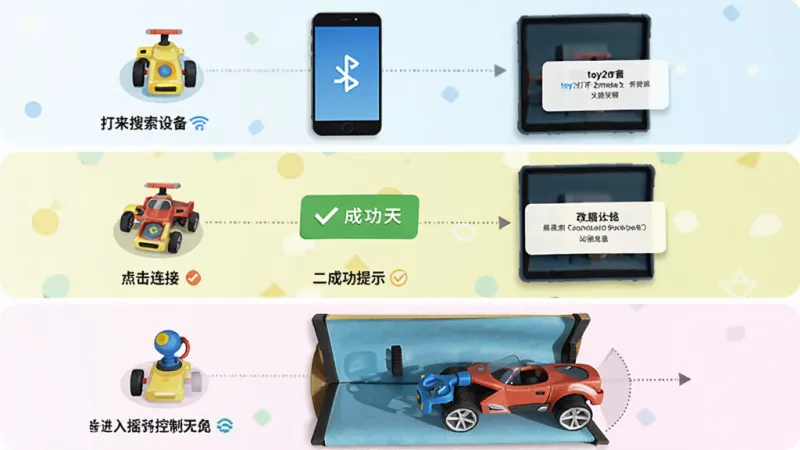 toy2mate新手操作流程图解,画面分为三步展示,第一步手机打开蓝牙搜索设备,第二步点击连接弹出成功提示,第三步进入摇杆控制界面操作玩具车,每步配有简洁图标和文字标注,风格扁平插画风,色彩明快,布局清晰从上到下排列,画质干净无多余元素