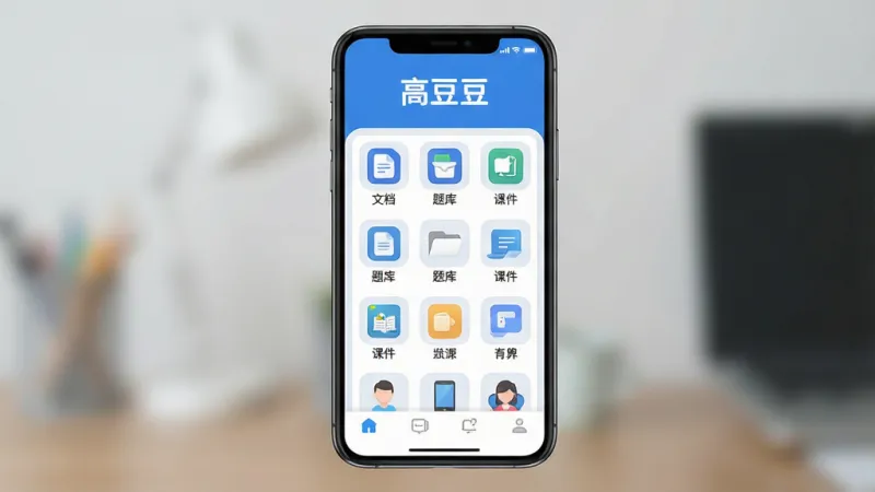 一张展示“高豆豆”软件主界面的手机截图风格图片,画面中央是手机屏幕,屏幕内显示软件首页,顶部有“高豆豆”文字标识,中间是整齐的资源分类图标网格,包括文档、题库、课件等类别,底部有导航栏,整体布局干净清爽,风格现代扁平化,配色以蓝白为主,细节圆润,画质清晰干净无多余元素