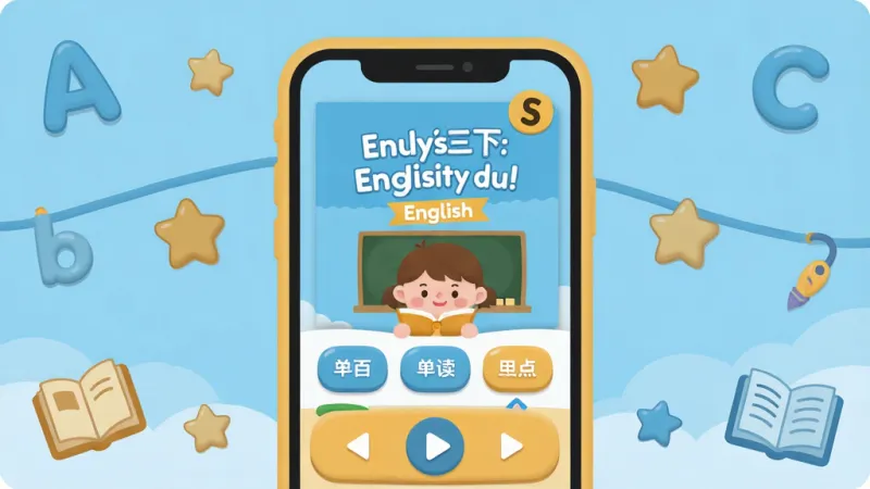 一张展示英语三下智能点读助手应用主界面的手机截图风格插画,画面中央是手机屏幕,屏幕内显示三年级下册英语课本封面和点读交互界面,有单元选择按钮和播放控制条,屏幕周围环绕着英语字母、小星星和课本图标,布局简洁明了,风格清新扁平化,色彩以天蓝和暖黄为主,细节圆润可爱,画质干净清晰,无多余元素