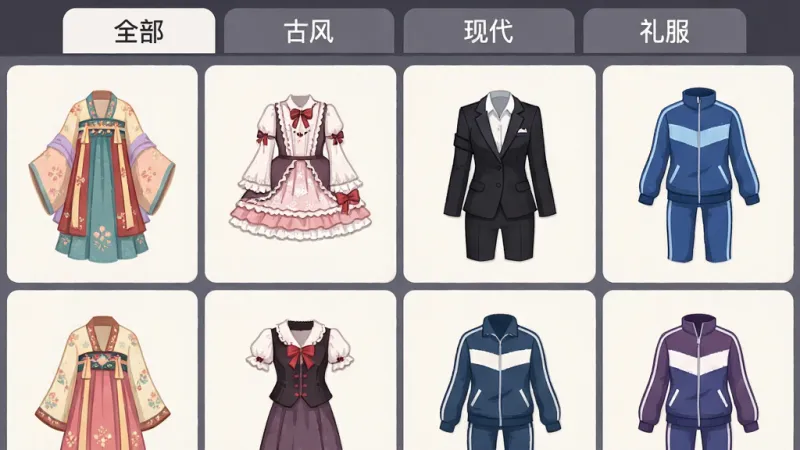 一张“少女造型逆袭”游戏内的衣橱界面截图风格插画,画面被划分成多个格子,每个格子里展示不同风格的服装,如汉服、洛丽塔裙、西装、运动服,界面布局整洁,顶部有分类标签“全部”“古风”“现代”“礼服”,风格为扁平化UI设计,细节包括衣服的纹理和颜色区分明显,画质清晰干净