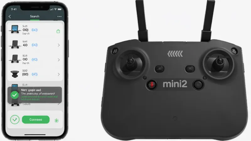 一张展示mini2软件连接无人机过程的示意图，手机屏幕显示搜索到的设备列表和连接成功的提示，旁边有无人机遥控器和手机，背景简洁，风格现代科技感，画质清晰，无杂乱元素