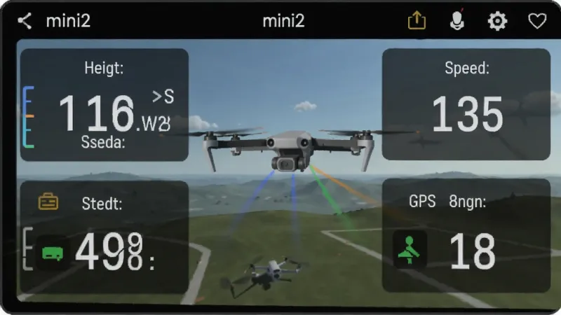 一张展示mini2软件飞行数据仪表盘的界面截图，屏幕上清晰显示高度、速度、距离、电量百分比和GPS卫星数量等参数，背景是模拟的飞行场景，风格专业且直观，画质干净，无多余装饰