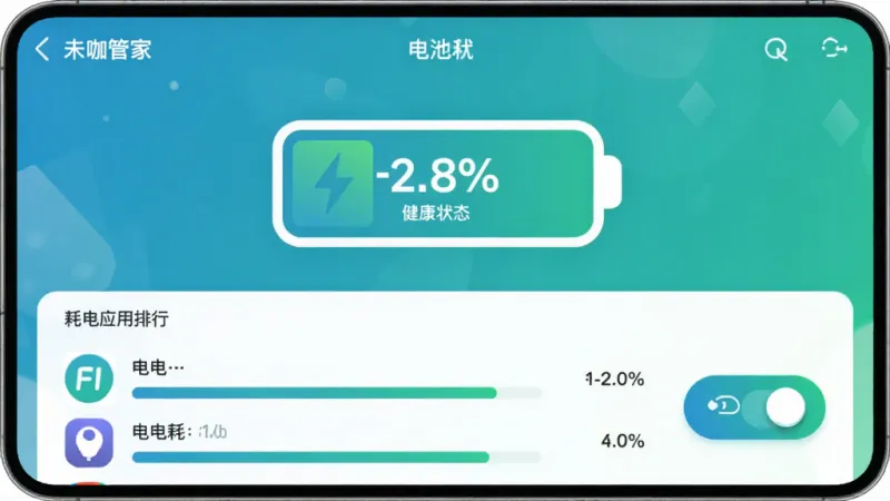 画面为“未咖管家”电池管理页面,中央一个大的电池图标显示电量百分比和健康状态,下方为耗电应用排行列表,每个应用带图标和耗电占比条,右侧有省电模式开关按钮,整体蓝绿色调,风格简洁现代,画质清晰,排版整齐,无多余元素