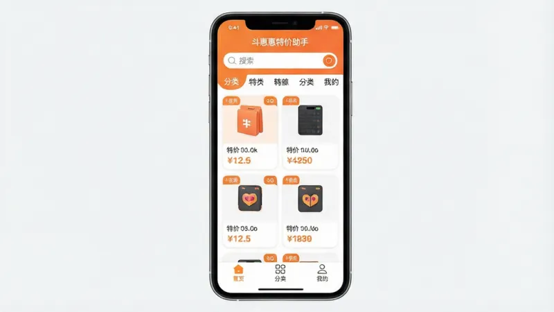 一张手机应用界面展示图,画面中央是手机屏幕,屏幕上显示“斗惠惠特价助手”的首页,顶部有搜索栏和分类标签,中间是卡片式排列的特价商品信息流,每个卡片上有商品图和价格标签,底部导航栏有首页、分类、我的三个图标,整体以橙白色调为主,风格清爽扁平,图标圆润,画质干净清晰,无多余装饰元素