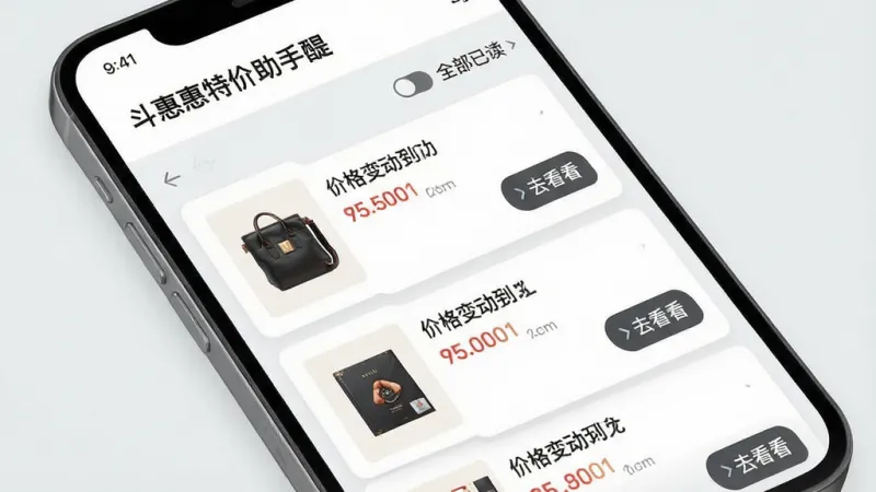 一张信息流界面示意图,画面中手机屏幕显示“斗惠惠特价助手”的提醒列表页面,每条提醒以卡片形式呈现,卡片左侧是商品缩略图,右侧是价格变动信息和“去看看”按钮,顶部有“全部已读”选项,背景为浅灰色,风格简洁现代,文字清晰,画质干净无杂乱元素