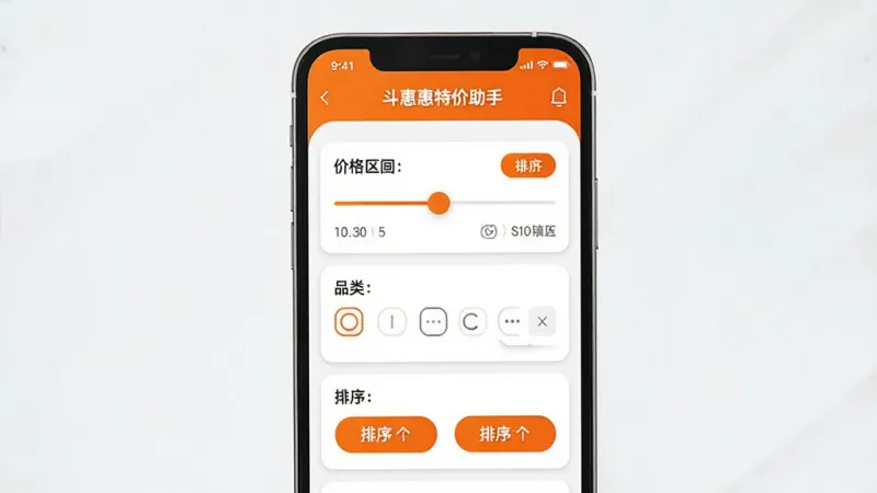 一张手机界面功能展示图,画面中手机屏幕显示“斗惠惠特价助手”的筛选面板,面板上有价格区间滑块、品类多选按钮和排序选项,背景为白色卡片式设计,按钮为橙色高亮,整体布局清晰,风格扁平化,画质干净,文字标签明确无多余装饰
