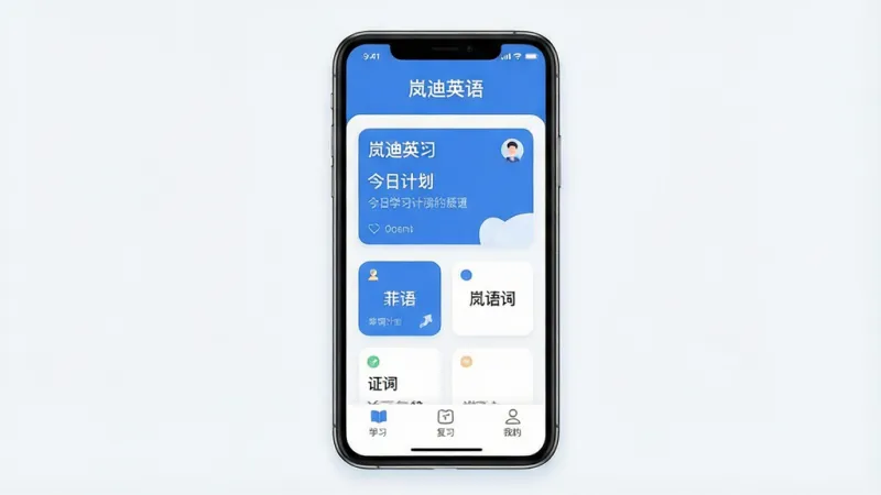 一张展示岚迪英语手机应用主界面的图片,画面中央是一部智能手机,屏幕显示岚迪英语APP的首页,顶部有“岚迪英语”文字标识,中间是今日学习计划卡片和单词卡片,底部是学习、复习、我的三个导航标签,整体布局简洁清晰,蓝白配色,风格现代扁平,细节圆润,画质干净明亮,无多余元素