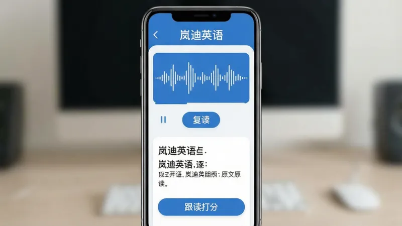 一张展示岚迪英语听力练习界面的图片,画面中手机屏幕显示听力播放页面,顶部有“岚迪英语”文字,中间是音频波形图和逐句复读按钮,下方是原文对照区域和跟读打分按钮,整体布局干净,蓝白配色,风格现代扁平,细节圆润,画质清晰无多余元素